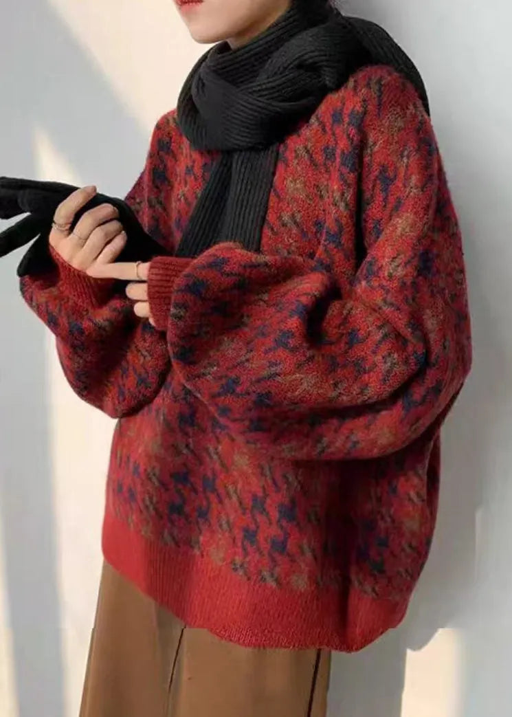 Red O Neck Print Loose Knit Sweater Spring