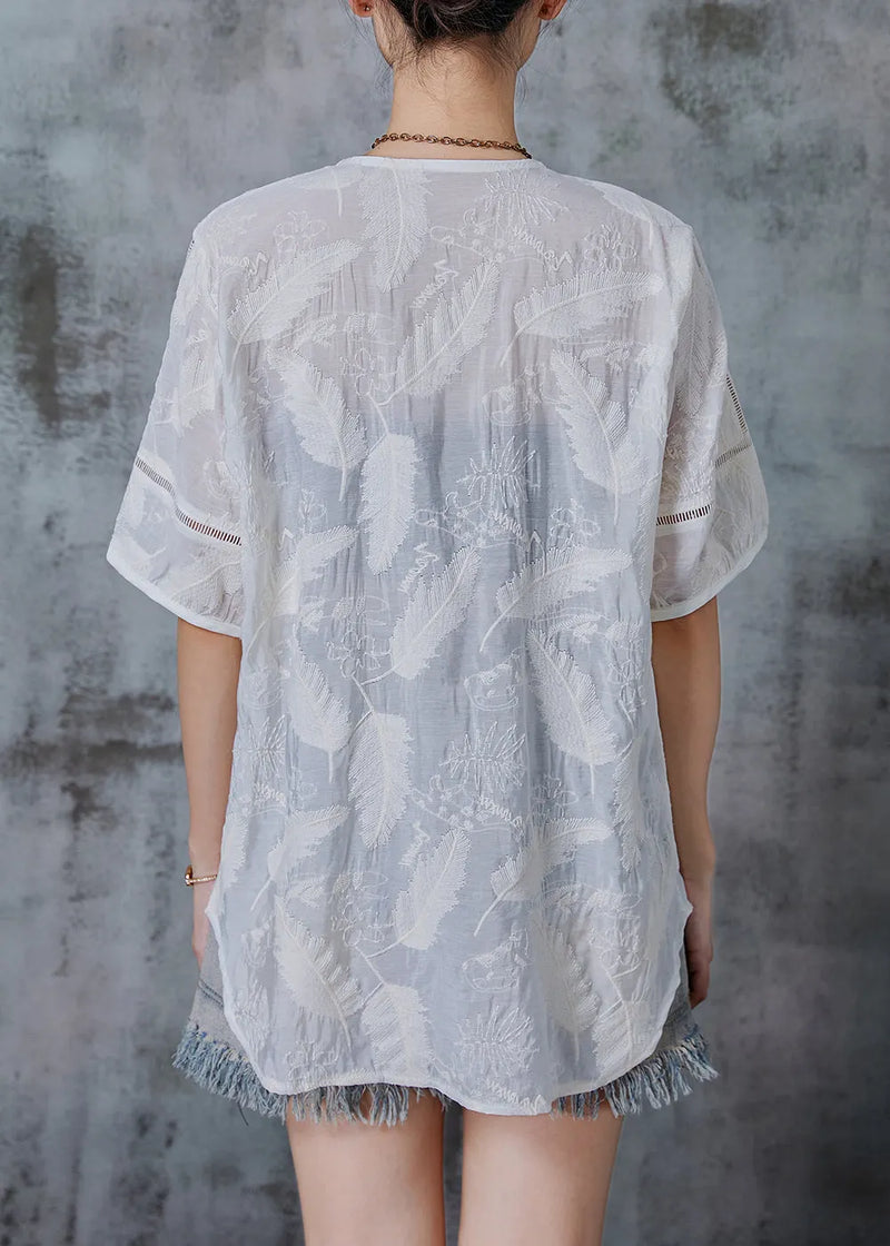 White Embroidered Chinese Button Cotton Shirt Tops Summer