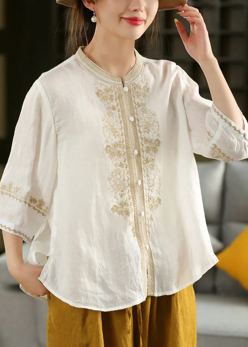 Orange O-neck Embroidered Linen Shirt Summer