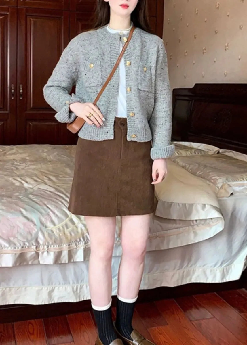 Grey O Neck Button Knit Short Sweater Cardigan Fall