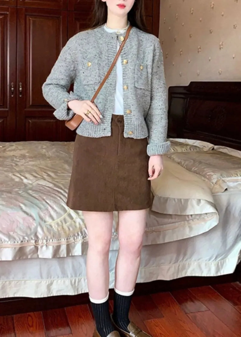 Grey O Neck Button Knit Short Sweater Cardigan Fall