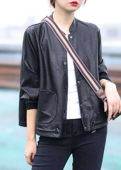Black Button Drawstring Stand Collar Faux Leather Coats Long Sleeve