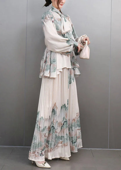 White Bow Print Chiffon Shirts and Maxi Skirts Two Pieces Set Spring