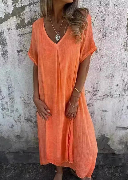 Orange V Neck Cotton Dresses Summer