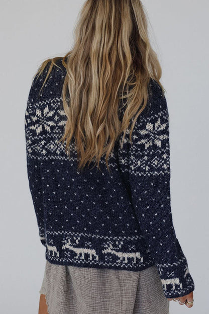 Christmas Snowflake Moose Zip Long-Sleeve Sweater