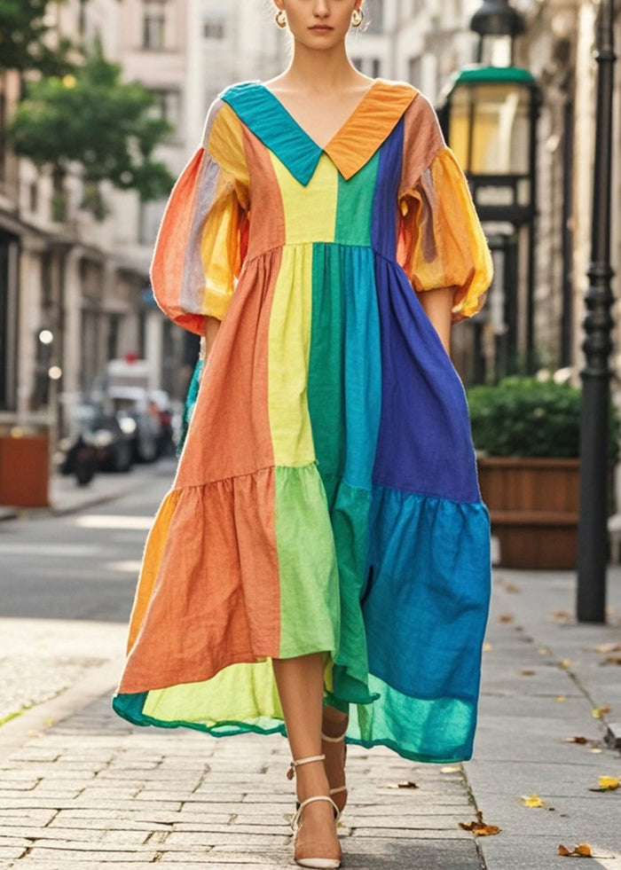 Handmade Colorblock Oversized Patchwork Cotton Dresses Lantern Sleeve