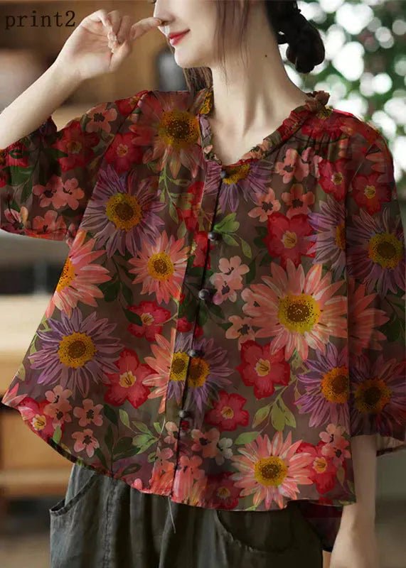 Pink-print2 V Neck Ruffled Print Linen Blouse Top Half Sleeve