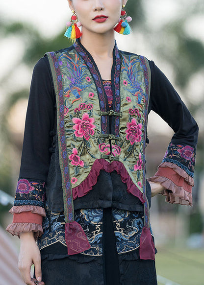 Green V Neck Embroidered Button Satins Waistcoat Spring