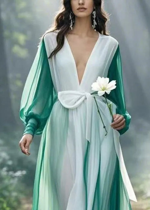 Colorblock V Neck Tie Waist Chiffon Maxi Dresses Spring