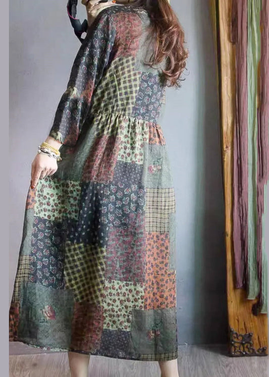 Colorblock Oversized Print Linen Long Dresses Fall