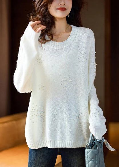 White O Neck Pearl Zircon Knit Sweater Spring