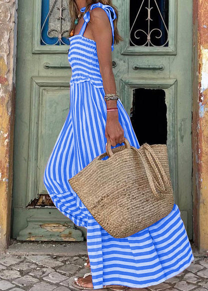 Stylish Pink Striped Ruffled Cotton Spaghetti Strap Dress Summer