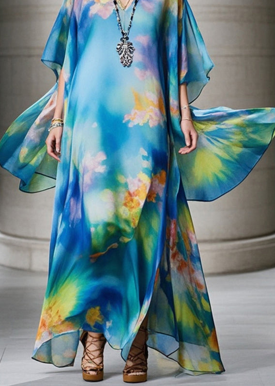 Blue Oversized Print Chiffon Beach Dress Summer