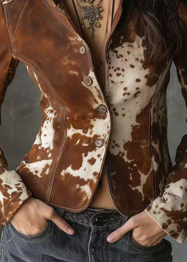 Chocolate Peter Pan Collar Print Button Faux Leather Jackets Fall