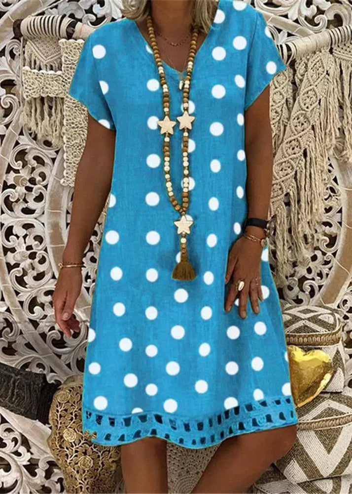 Khaki V Neck Dot Print Cotton Dress Summer