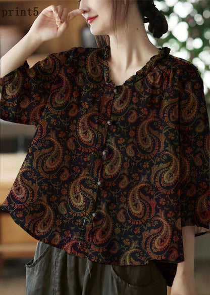Pink-print2 V Neck Ruffled Print Linen Blouse Top Half Sleeve