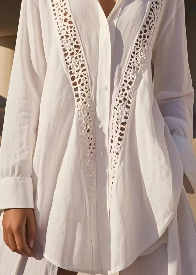 White Oversized Patchwork Hollow Out Cotton Shirts Spring
