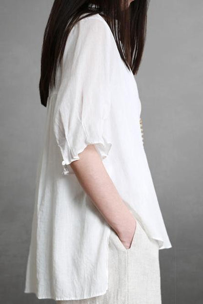 Summer Loose Cotton Linen Shirt Short Blouse