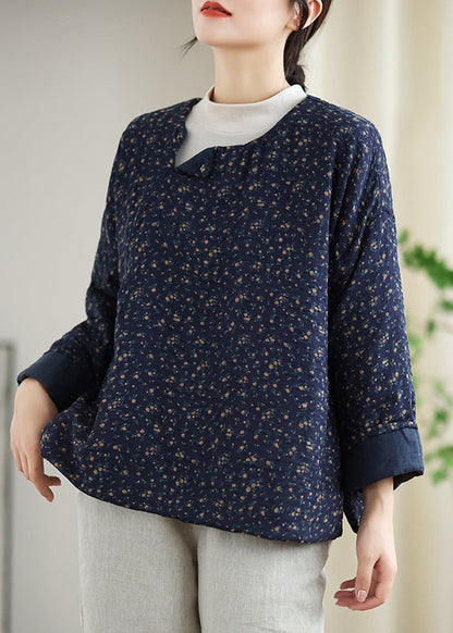 Navy O Neck Print Fine Cotton Filled Top Spring
