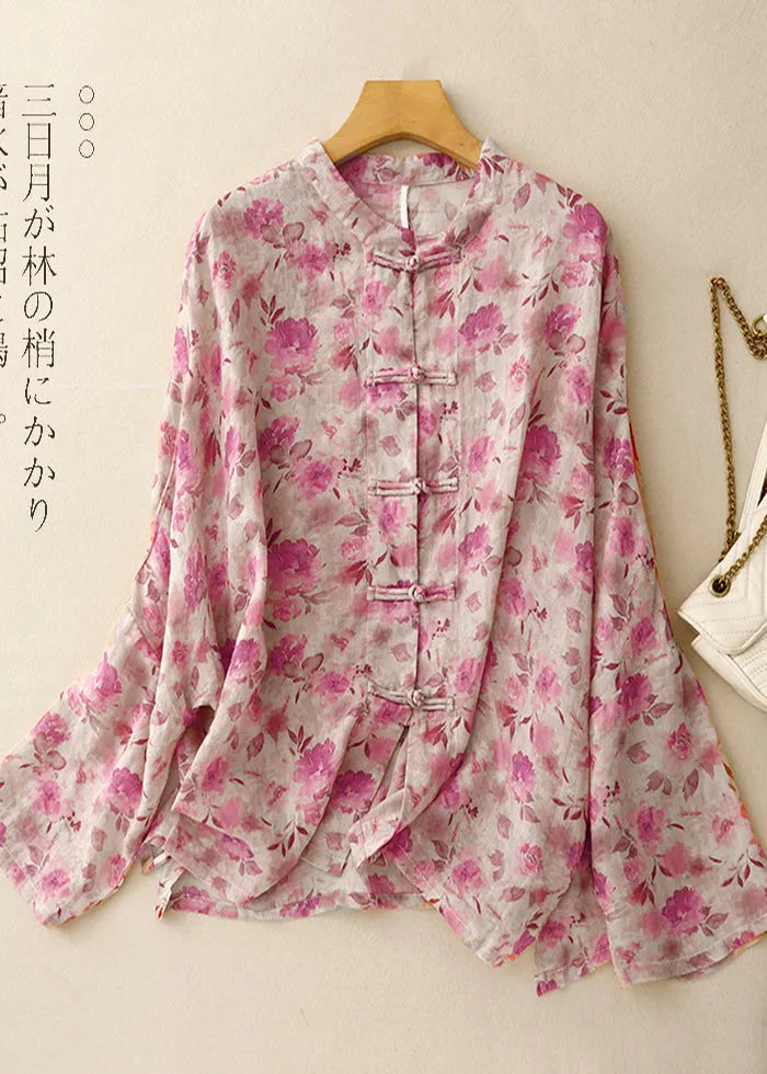 Art Green Print Chinese Button Linen Shirts Spring