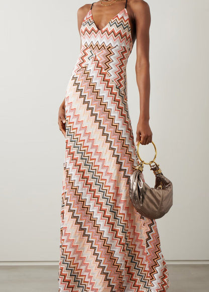 Stylish V Neck Striped Backless Cotton Long Dresses Sleeveless