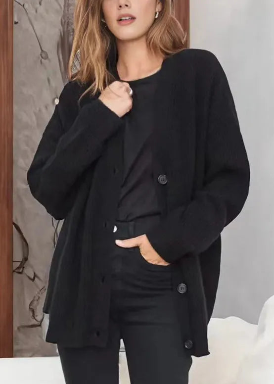 Simple Khaki V Neck Button Loose Knit Cardigan Fall