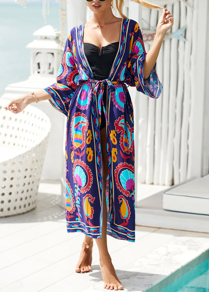 Diy Purple V Neck Print Lace Up Cotton Beach Cardigans Summer