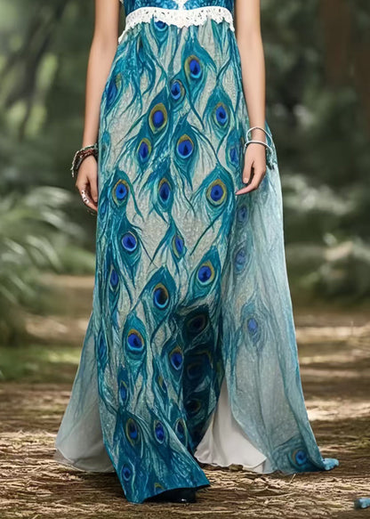 Peacock Blue Print Chiffon Strapless Dress Summer