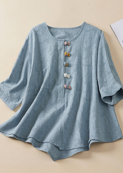 Blue O Neck Chinese Button Jacquard Linen Shirt Summer
