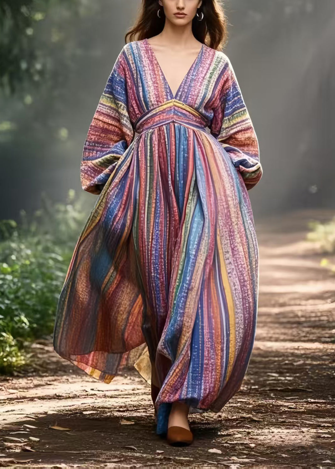 Colorblock V Neck Striped Cotton Vacation Dresses Spring