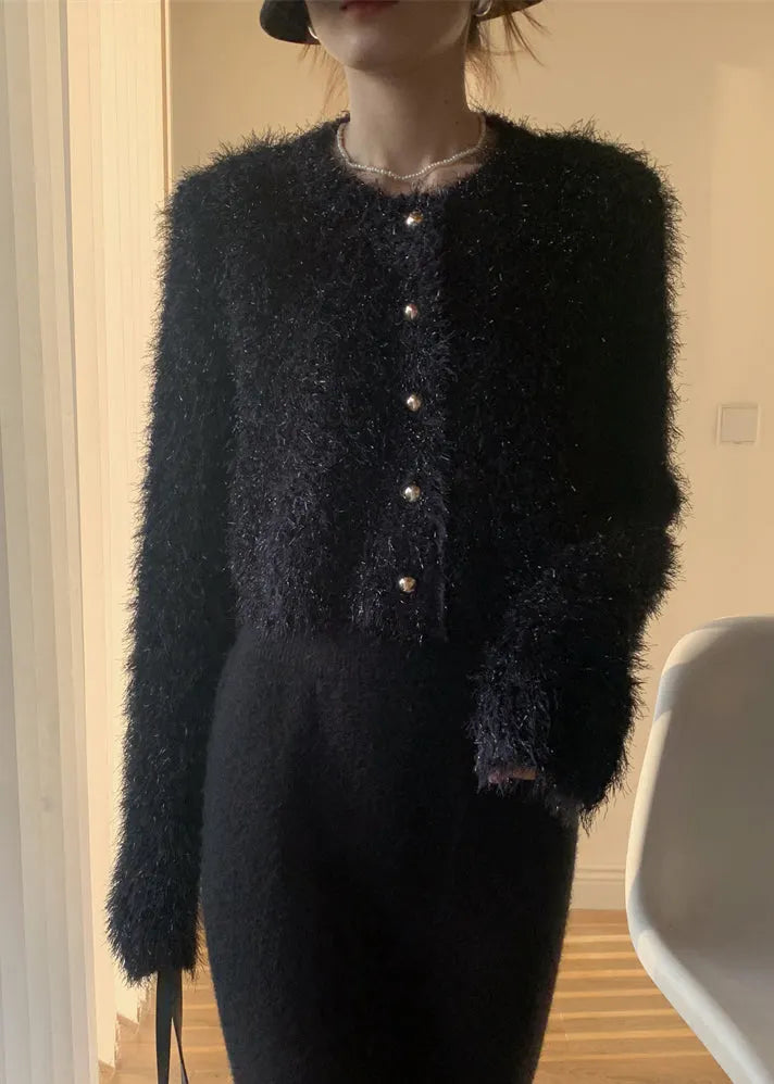 Black Fluffy Knit Cardigan O-neck Winter
