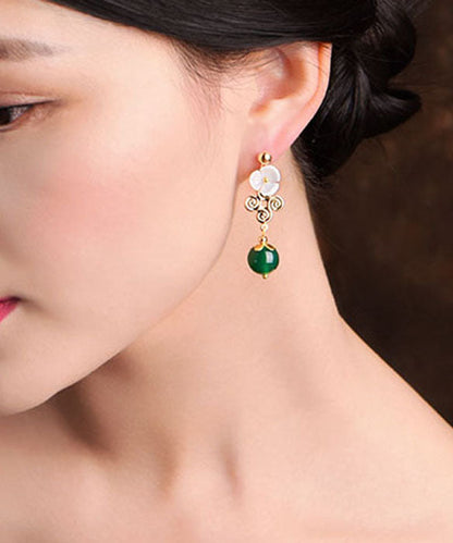 Green Agate White Shellfish Flower14k Gold Drop Earrings