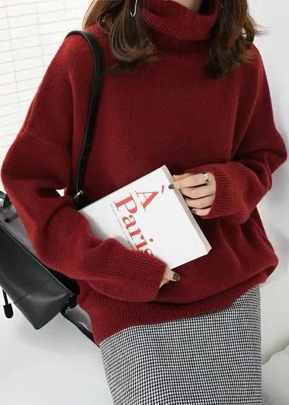 French Khaki Hign Neck Thick Knitted Sweaters Tops Fall