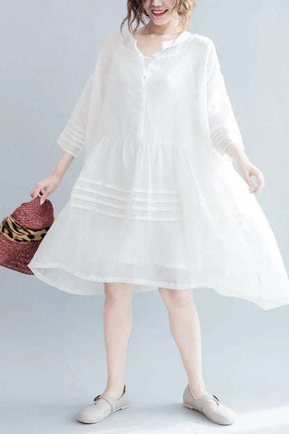 White Big Hem Linen Summer Shirt Dresses Clothing