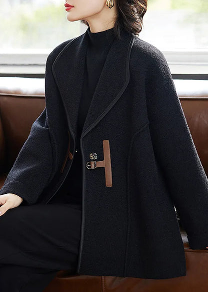 French Black Button Pockets Woolen Coats Winter