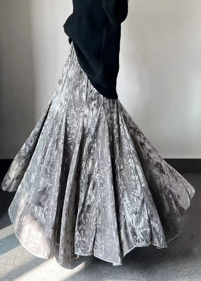 French Grey Print Exra Large Hem Silk Velvet Skirts Spring
