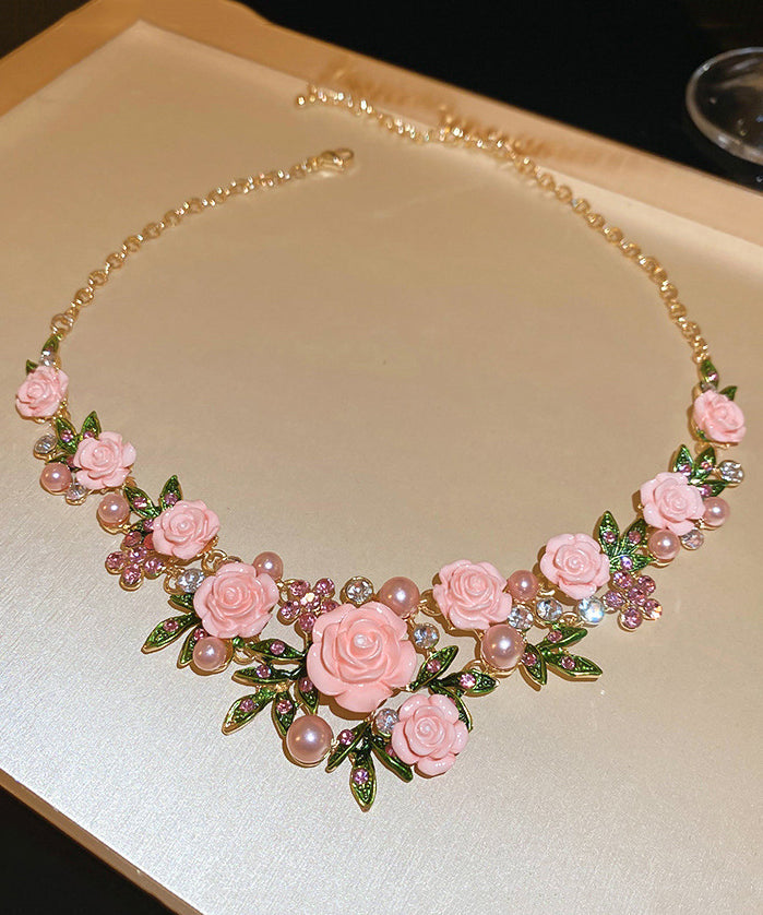 Pink Sterling Silver Alloy Zircon Pearl Pendant Necklace