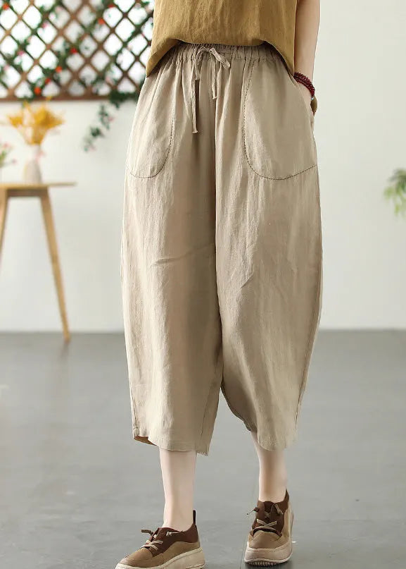 Khaki Patchwork Elastic Waist Tie Waist Crop Pants Summer