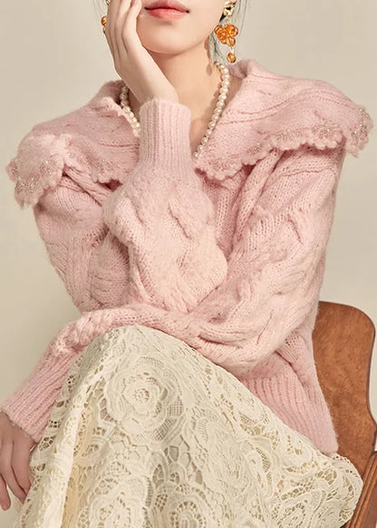 Pink Peter Pan Collar Cotton Knit Cardigans Lantern Sleeve