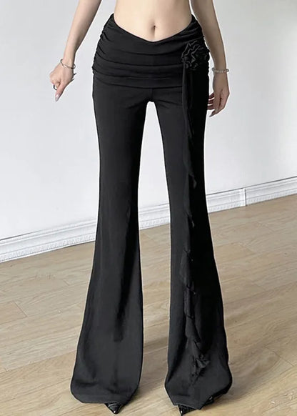 Retro Black Ruffled Patchwork High Waist Flared Pants Fall