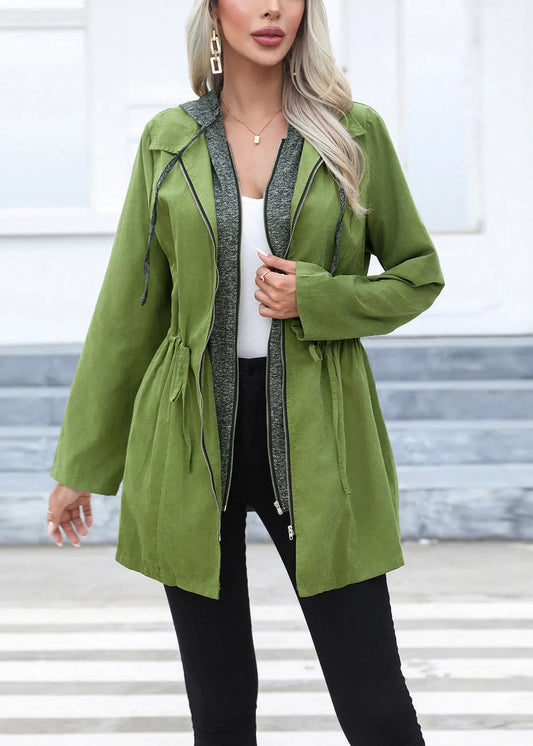 Green Drawstring Patchwork Cotton Hoodie Coat Fall