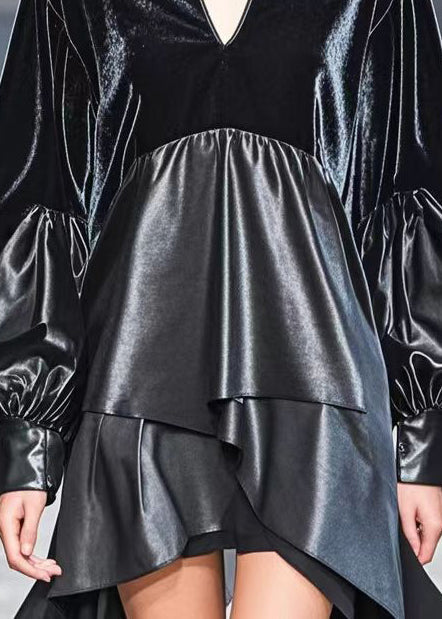French Black Asymmetrical Pu Patchwork Faux Leather Long Tops Fall
