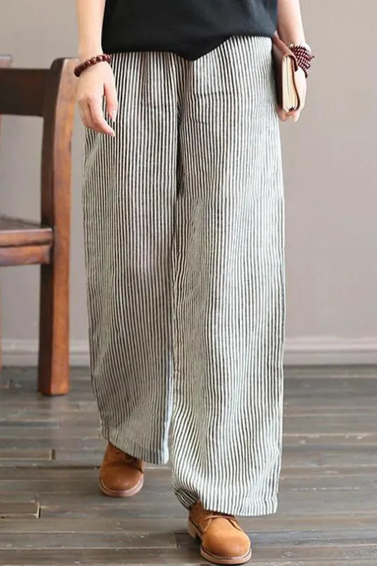 Limited Stock- 100% Linen Straight Pants for Black Stripe