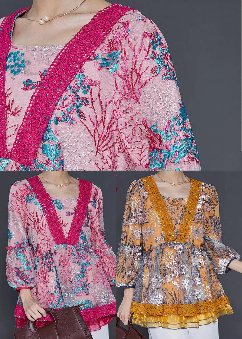 Rose Embroidered Patchwork Tulle Shirt Spring