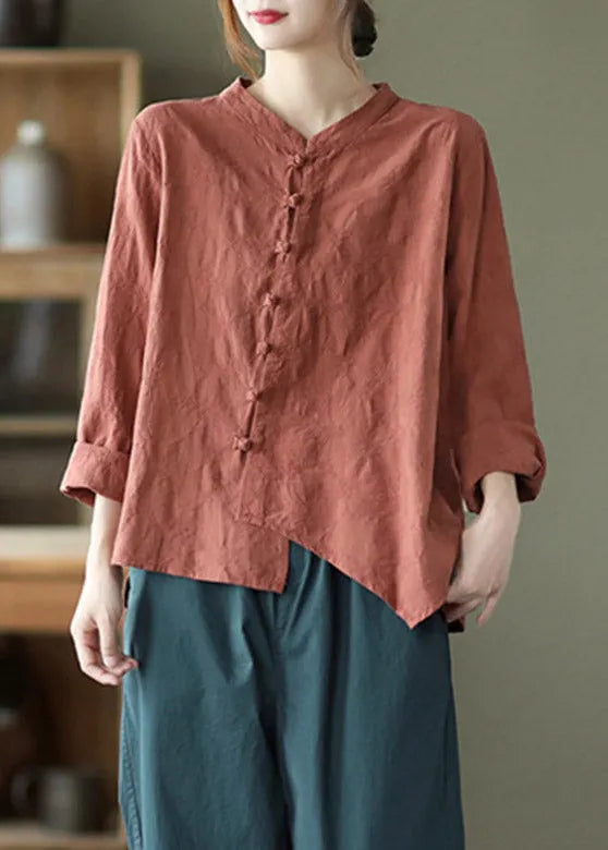 Boutique Brick Red O-neck Asymmetrical Low High Design Button Shirt Long Sleeve