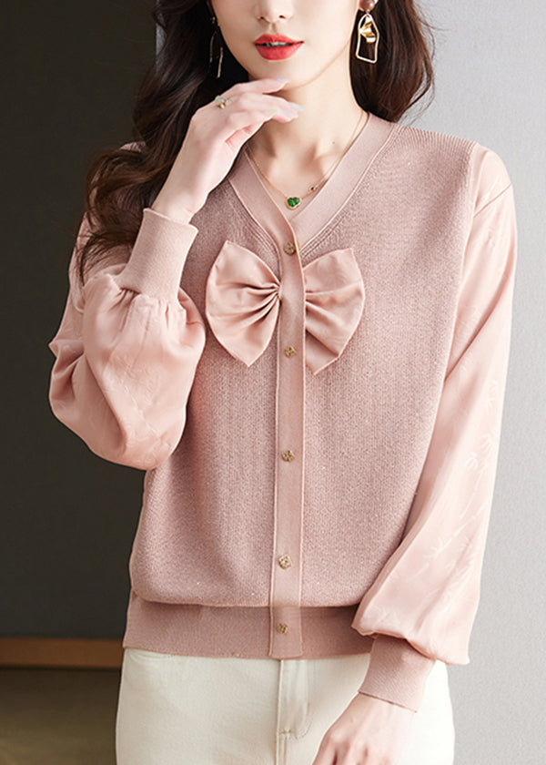 Black V Neck Bow Silk Patchwork Knit Shirt Top Spring