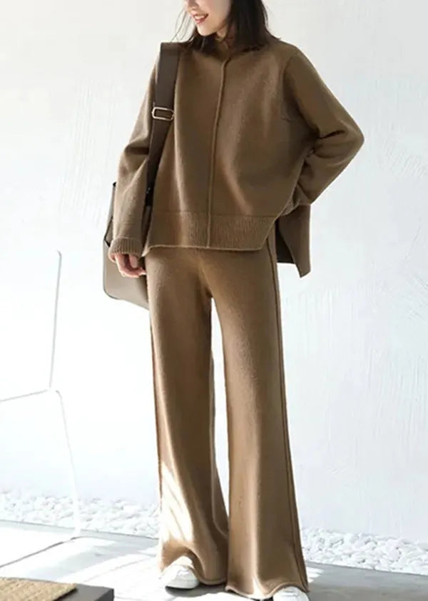 French Apricot Sweaters and Pants Knit Two Pieces Set Winter