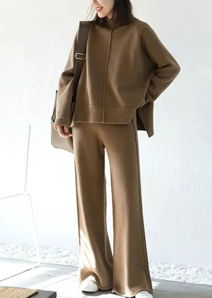 French Apricot Sweaters and Pants Knit Two Pieces Set Winter
