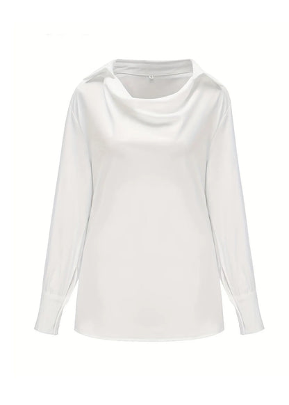 Simple Style White Dangling Collar Silk Shirts Top Long Sleeve