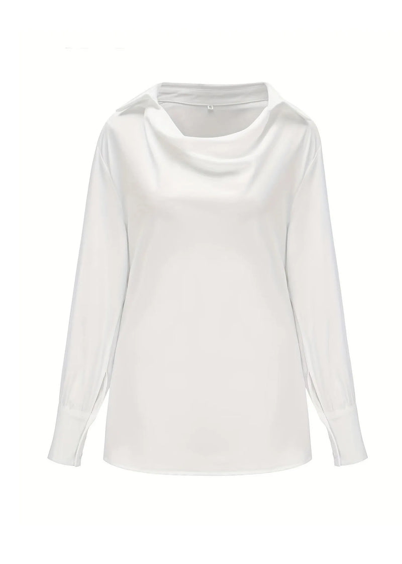 Simple Style White Dangling Collar Silk Shirts Top Long Sleeve